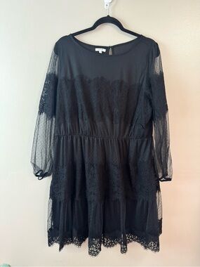 Maurices Black Lace Tiered  Sheer Long Sleeve Dress 1X